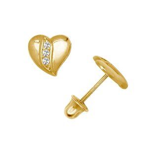14K Solid Yellow Gold Heart Studs Screw Back Earrings Set With Sparkling Stones